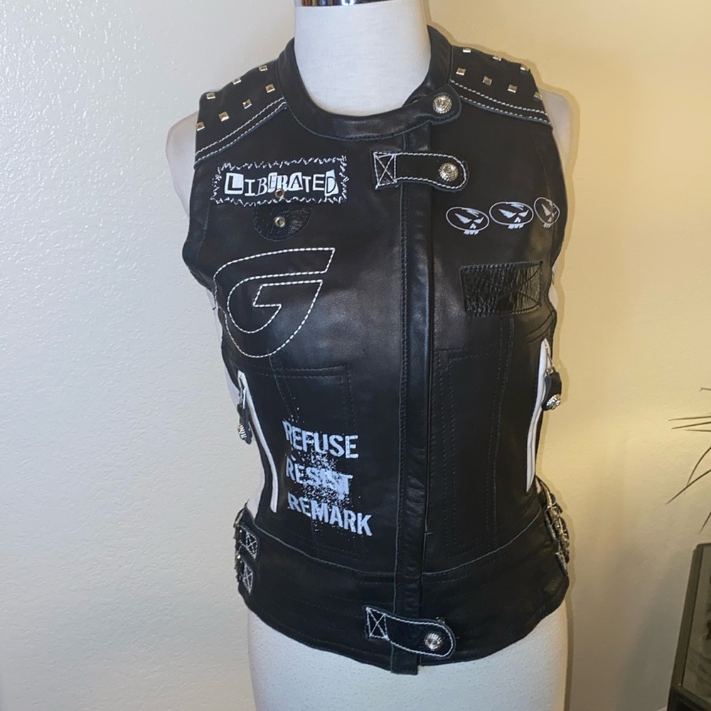 Hein Gericke Super G Pyscho Leather Biker Vest W/Pockets Size Small